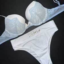 Victoria's Secret 32C BRA SET S BRAZILIAN panty WHITE BLUE BRIDAL DREAM ANGELS