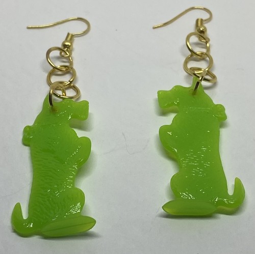 Green Scotty Sitting Gum Ball Charm Earrings 8cm Long Gold Colour Hooks - Picture 4 of 5