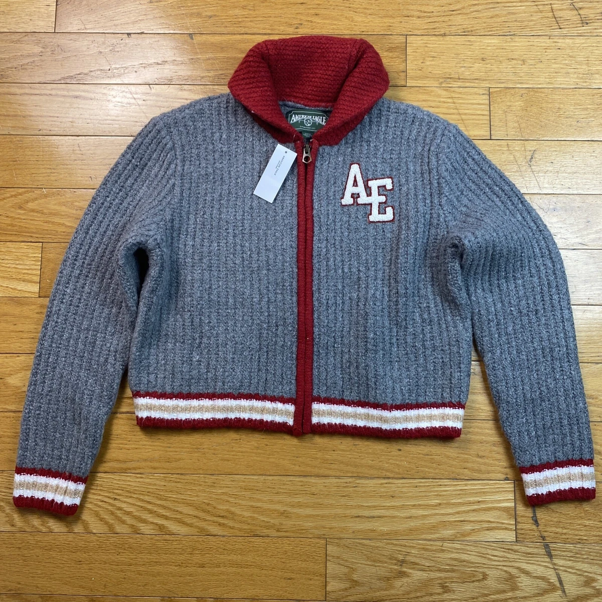 American Eagle Vintage Letterman Sweater Womens Small Gray Red