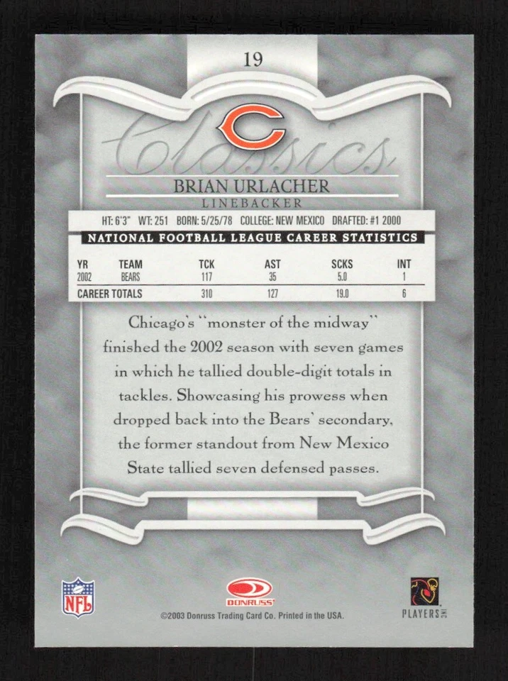 2003 Donruss Classics Brian Urlacher #19 Chicago Bears - Image 2 of 2