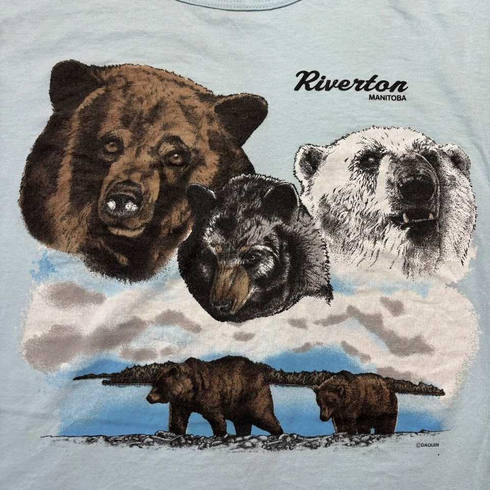 Camisa vintage anos 80 Rivertown Manitoba urso polar preto pardo natureza vida selvagem G - Imagem 2 de 4