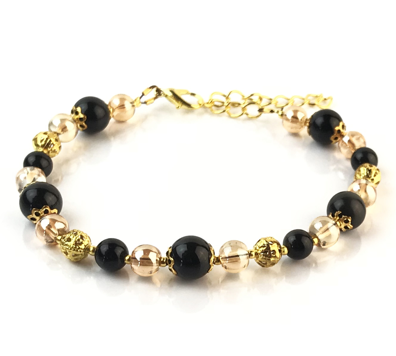 Bracelet perles obsidienne et quartz véritable, minéraux sélectionnés à la main
