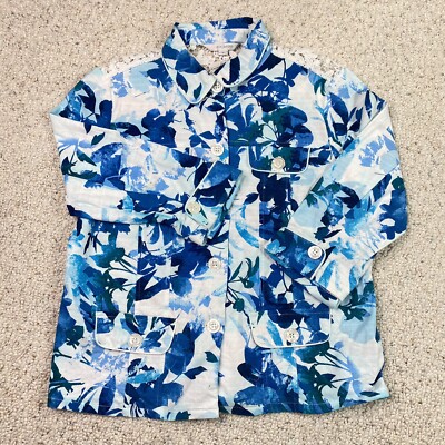Erin London Womens Jacket sz M Blue Floral Button Front Grandmacore Coastal