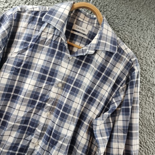 Calvin Klein Mens Casual Shirt Size 39 Navy Blue White Check Long Sleeve - Picture 3 of 14
