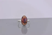 Sterling Silver Oval Natural Inlaid Opal Sawtooth Set Band Ring 925 Sz: 5