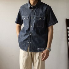 Retro Men's Short Sleeve Shirt Button-Down Denim T Shirt Workwear S-3XL