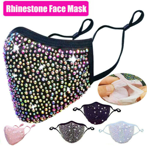 Rhinestone Bling Crystal Face Mask Sparkly Reusable Washable With Filter Pocket - Bild 1 von 23