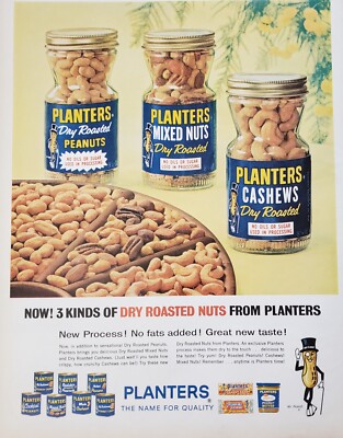 1963 Planters Dry Roasted Nuts Print Ad   Peanuts, Cashews, Mixed Nuts