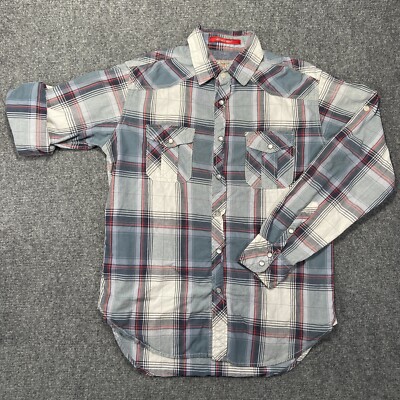 Jeffrey Max Shirt Mens Small Red Grey Plaid Roll Up Sleeve Snap Button Western