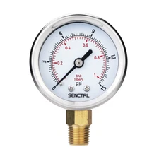 0-15 Psi Low Pressure Gauge, 2" Dial Size, 1/4 Npt Lower Mount