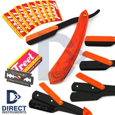 Orange Wooden Handle Barber Razor Straight Knife Cut Throat Men Shaving Blades