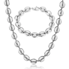 7mm Silver Stainless Steel Marina Link Bracelet Necklace Jewelry Set Men Women