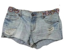 Forever 21 Shorts Womens Junior 28 Blue Denim Destroyed Distressed Fringe Zipup