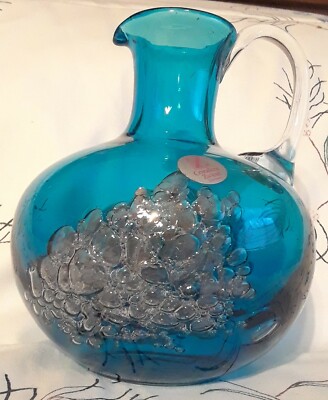 Vtg Cristallerie Schott ZWIESEL Germany Blue Bubble Glass Jug Pitcher Vase 
