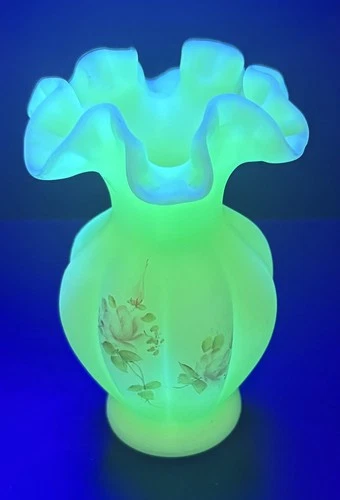 Vintage Fenton Yellow Custard Ruffled Edge Vase Hand Painted Rose Uranium Signed