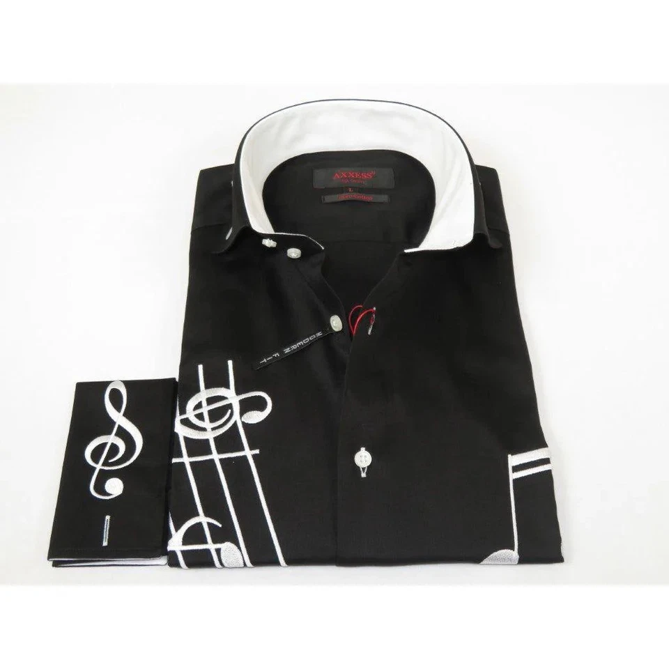 Camisa de algodón para hombre AXXESS músico cantante pavo notas musicales 724-22 negro blanco Foto 4 de 4