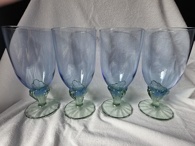 Bormioli Rocco Bahia set of 4 Blue & Green Art Glass Water Goblets Stem 7 3/8''