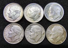 1948 & 1949 P D S - Roosevelt Dimes (6-Coin Lot)- Light Toning - 90% Silver - BU