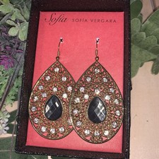 Woman’s Dangle Sofia Vergara Gold Rhinestone Fashion Jewelry Earrings New In Box