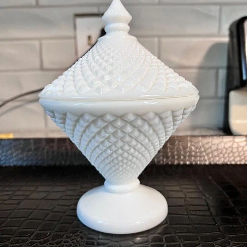 Vintage Westmoreland English Hobnail Sawtooth Milk Glass Compote Dish Lid