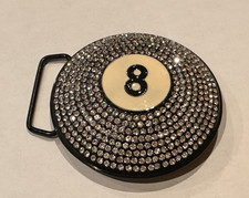 GF BLACK WHITE ENAMEL 8 BALL BILLIARD POOL CRYSTAL RHINESTONES 3.5" BELT BUCKLE