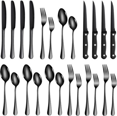 TAN REN Besteck Set Schwarz 4 Personen, 24-teiliges Edelstahl Besteckset mit