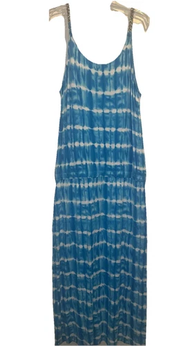 Maxi abito Michael Kors Aqua & White tie dye argento catena cinturino taglia L NUOVO spiaggia