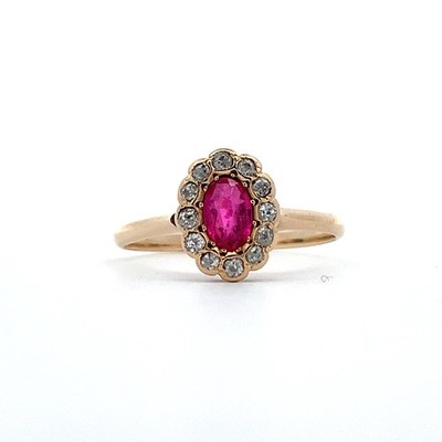 Vintage 14K Gold Oval Synthetic Ruby & Old Mine Cut Diamond Halo Ring Size 6