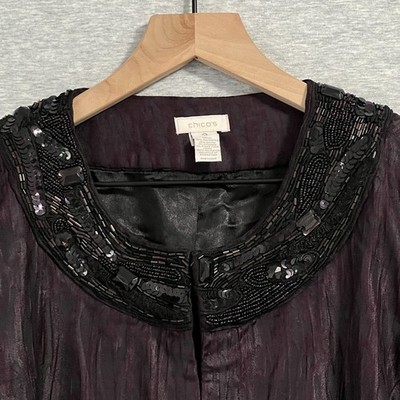 chicos evening dress Chicos Dress Jacket Womens Sz 3 L Dark Purple Embellished Jewel Collar  Evening