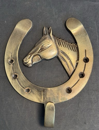 Vintage Brass Horse Head & Horseshoe Wall Hook, Tack Hook Western Decor