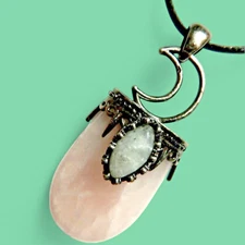 ROSE QUARTZ & LABRADORITE PENDANT crescent moon crystal amulet cord necklace 6C