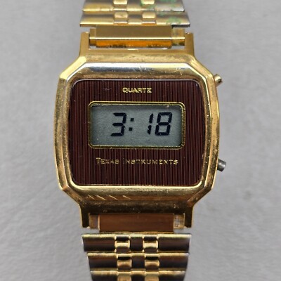 Vintage Texas Instruments Watch LCD Gold Tone Square Brown Face