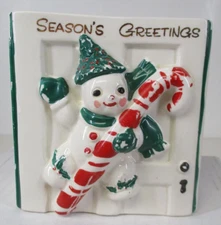 Rare UCAGCO Christmas Ceramic Snowman w Candy Cane Container & Candle Holder