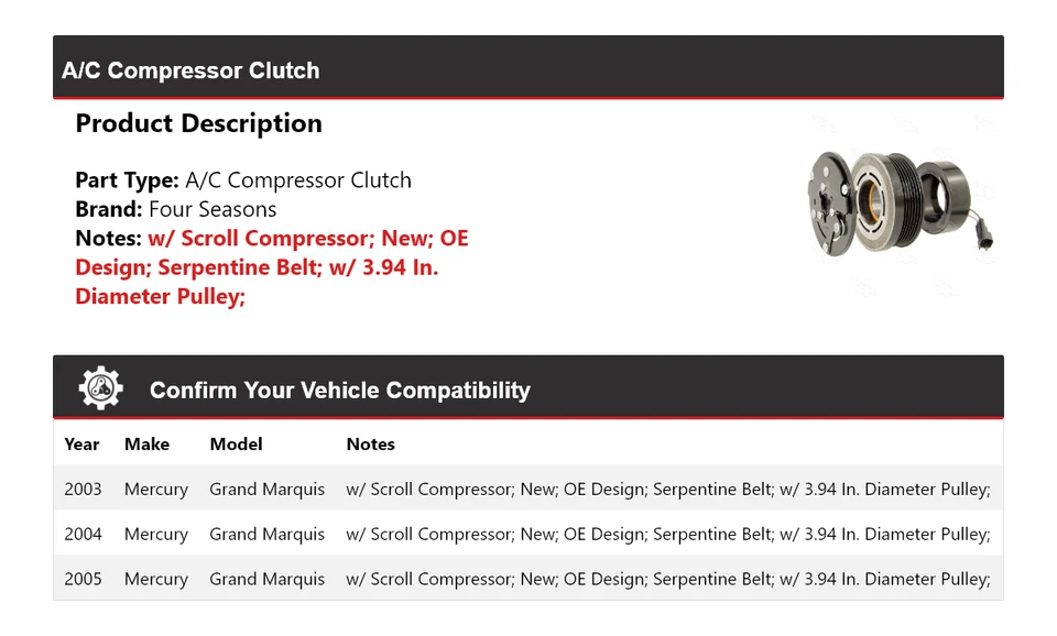 Embrague compresor aire acondicionado Mercury Grand Marquis 2003-2005 4 estaciones 2004 Foto 2 de 4