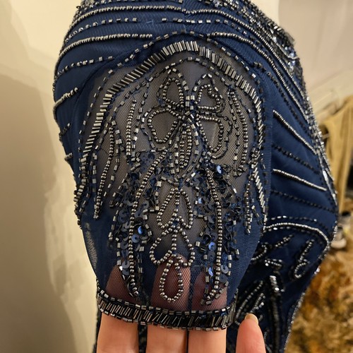 NEW ADRIANNA PAPELL Uk 12 Navy Short Sleeve Shift Evening Beaded Dress Cruise - Picture 5 of 13