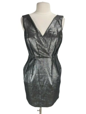 very J Gray Glitter Sheath Mini Dress Women Size M V-Neck Sleeveless Zip Up