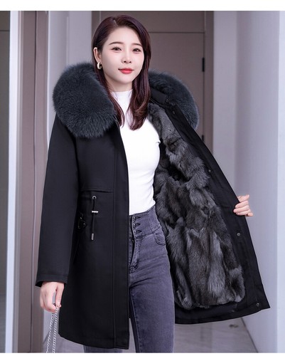 Womens Hooded Real Fox Fur Collar Detachable Lined Mid Long Knee Coat Parka Warm - Picture 7 of 36