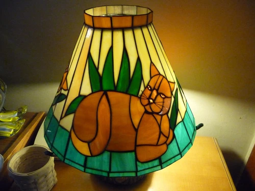 Vintage Cat  Stained Glass & Lead Tiffany Style Tabby Lamp Shade