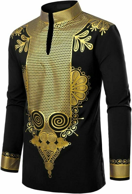 Men's African Dashiki Luxury Tribal Print Shirt Metallic Gold Top Blouse Shirt - image 4 of 4