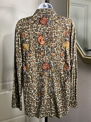 Caite Top Women's Small Embroidered Inez Shirt Kyla Karyn Seo Fall Cheetah NWT