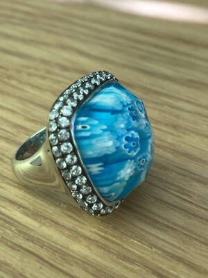 Murano Glas Millefiori Ring 925 Sterling Silber ( signiert Alan K. ) Blau