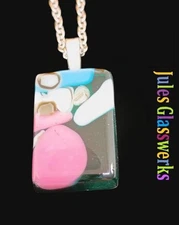 Hand Crafted  Fused Glass Pendant W/Chain #1422 Pink And Sky Blue
