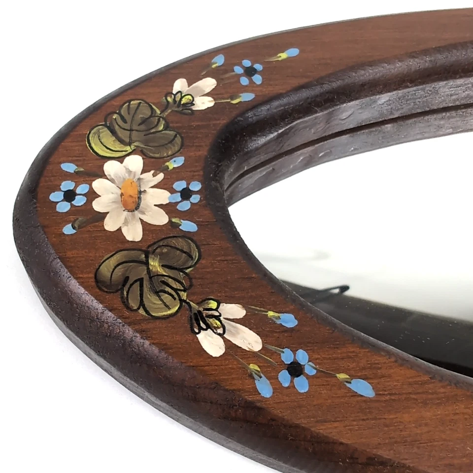 Vintage Wood Oval Mirror Hand Painted Folk Art Floral Daisies Cottage Farmhouse - Image 3 of 4
