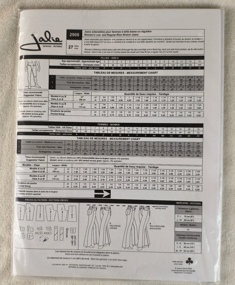 Jalie Sewing Pattern 2908 Women's Stretch Jeans Low Rise Girls Uncut New - Image 2 of 2