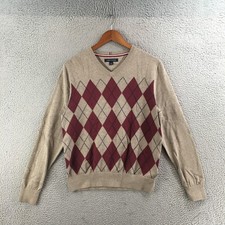 Tommy Hilfiger Sweater Mens S Beige V Neck Long Sleeve Cotton Knit Pullover