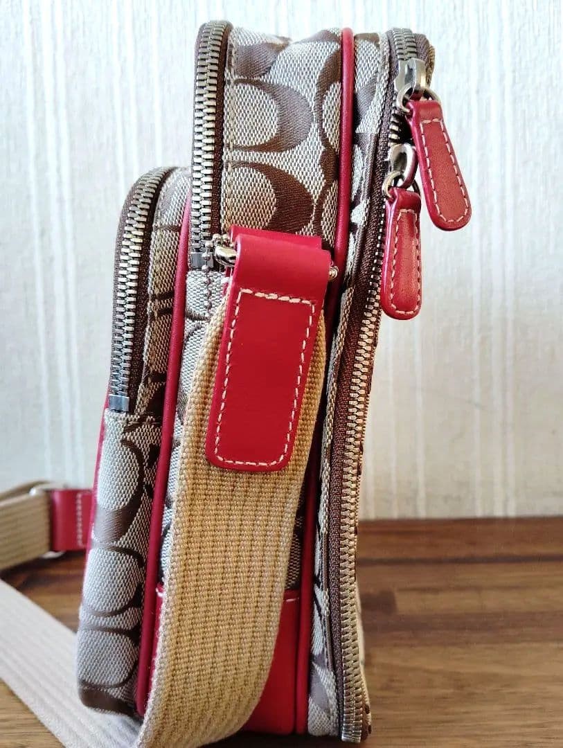 COACH Signature Canvas Red Crossbody Bag Leather Trim Women's Authentic image 4
