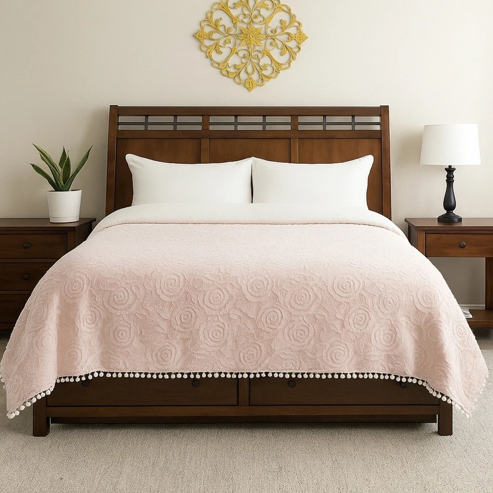 Chenille Hobnail Pink Roses King Size Bedspread Blanket Vintage - Image 2 of 4