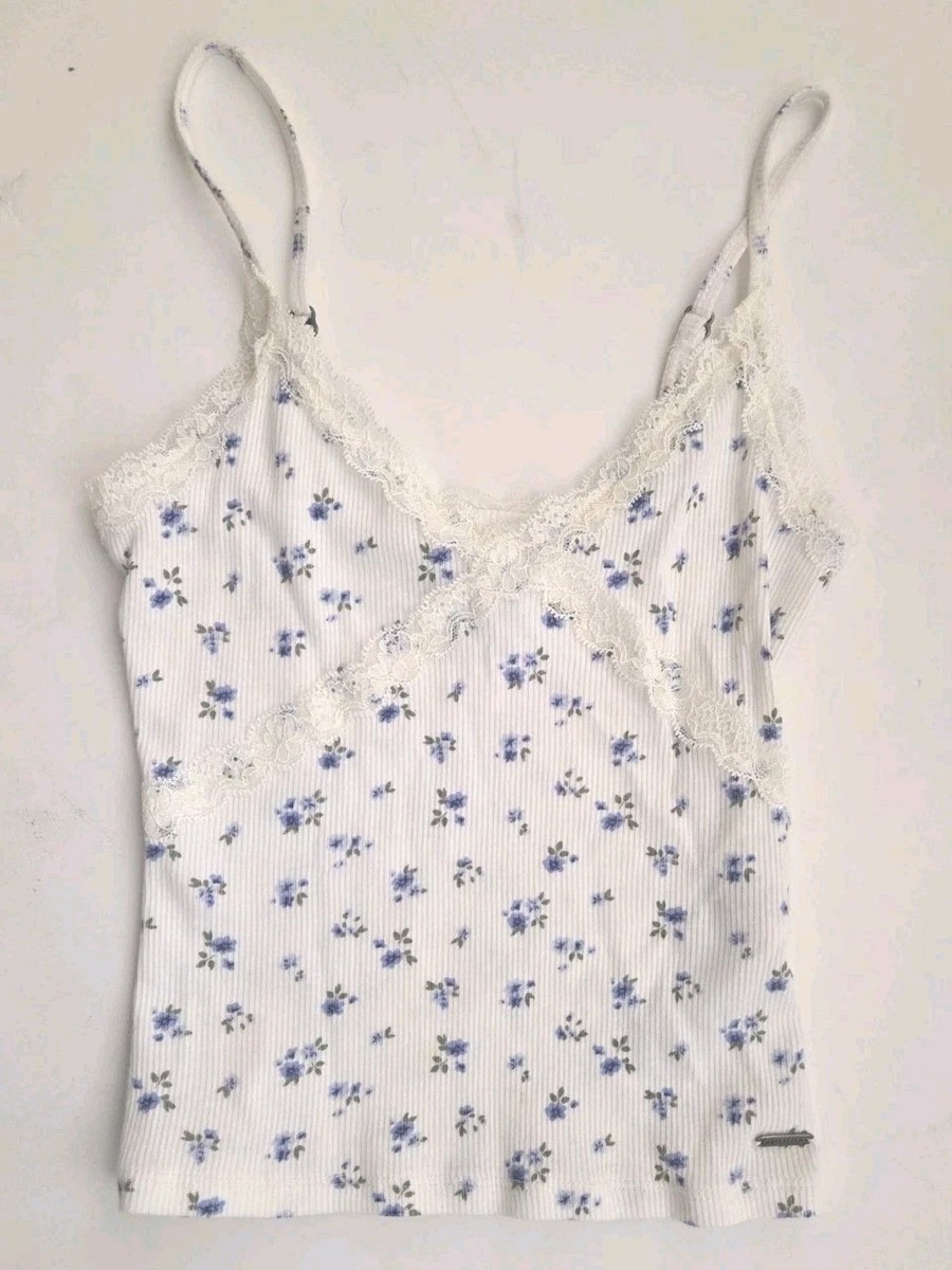 Hollister Ribbed Lace Trim Cami Crop Tank Top White Blue Ditsy