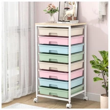 Rolling Storage Cart with Drawers,Utility Cart With 8 Drawers and Wooden Tabl...