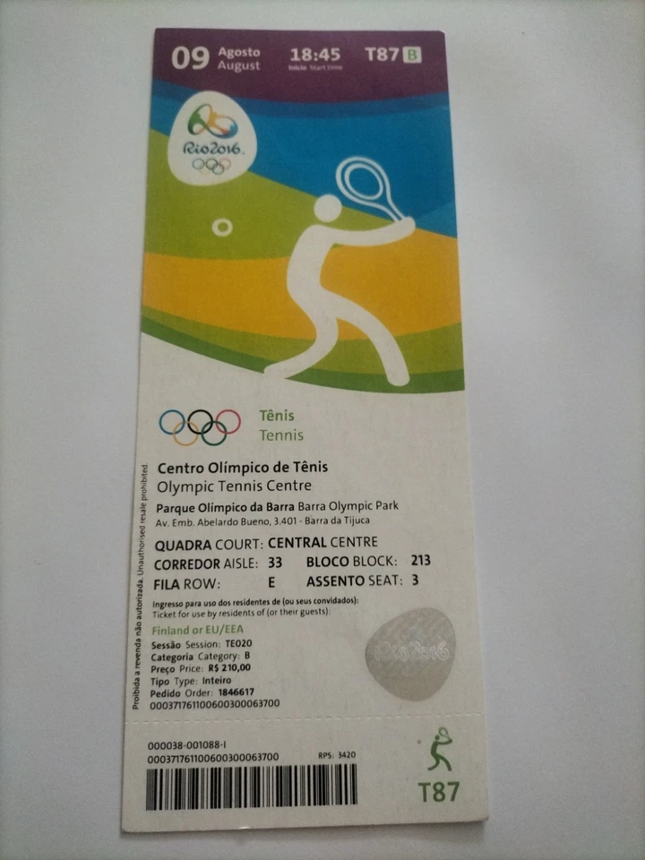 Used Ticket Olympic 09.08. 2016 Rio Olympia T87 Tennis - Bild 1 von 1
